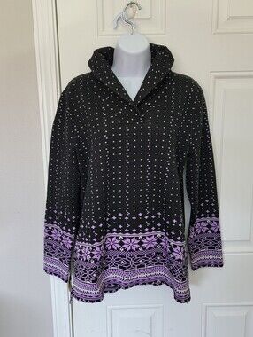 Talbots Black Purple Faire Isle Shawl Collar Lightweight Sweater Size Large